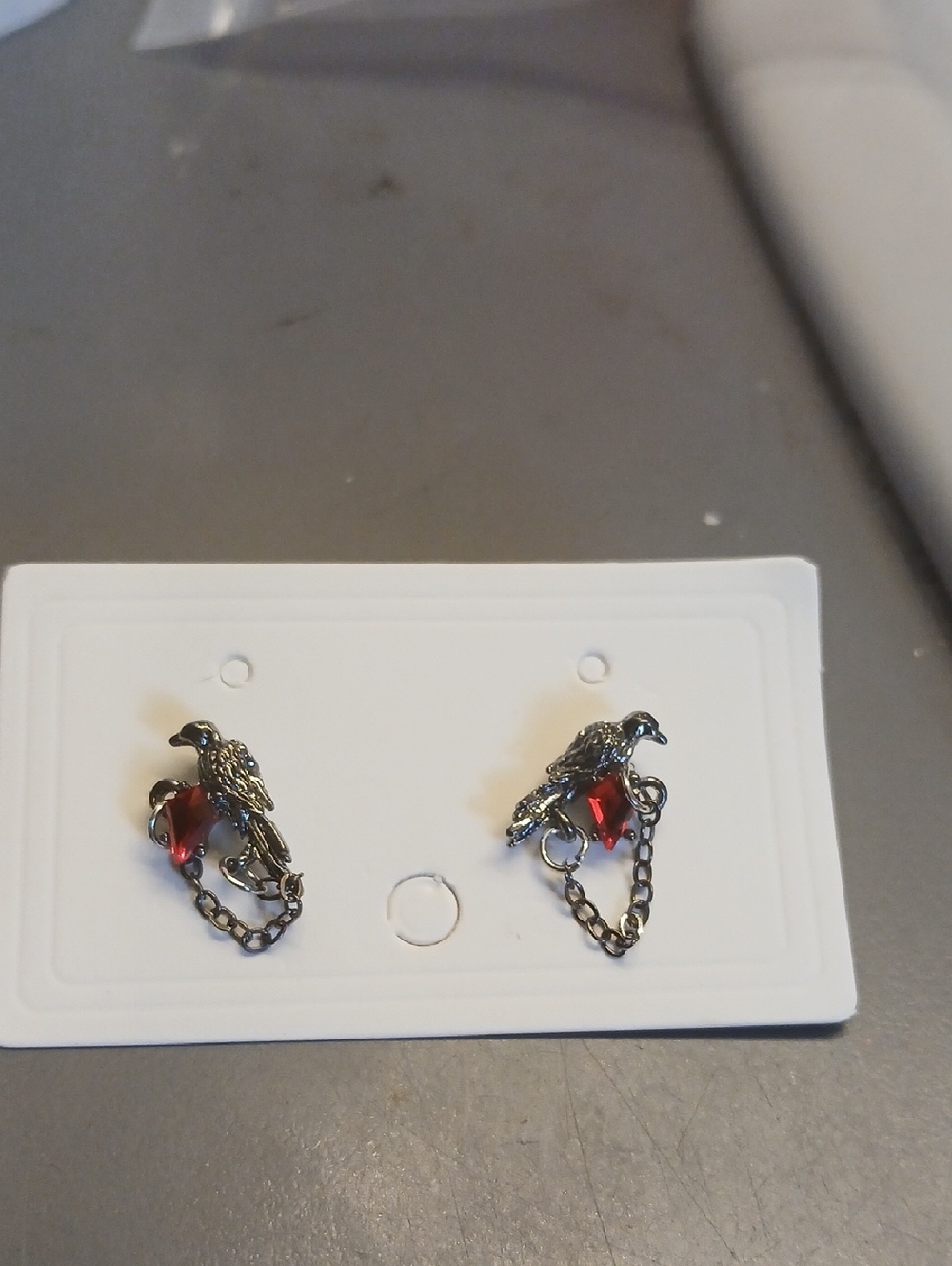 Raven Chain Drop Earrings with Red Crystal Heart